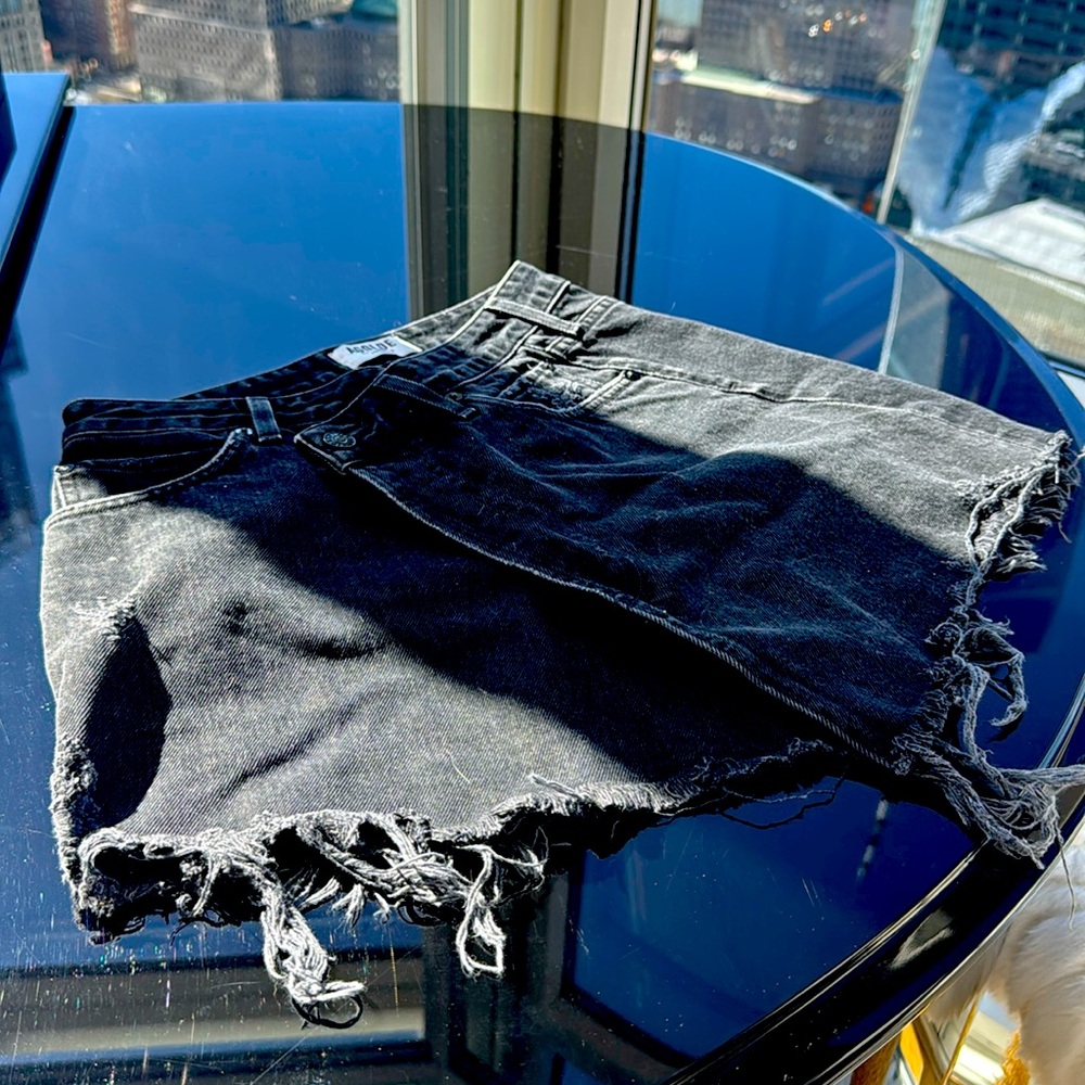Distressed charcoal-black wrap mini skirt